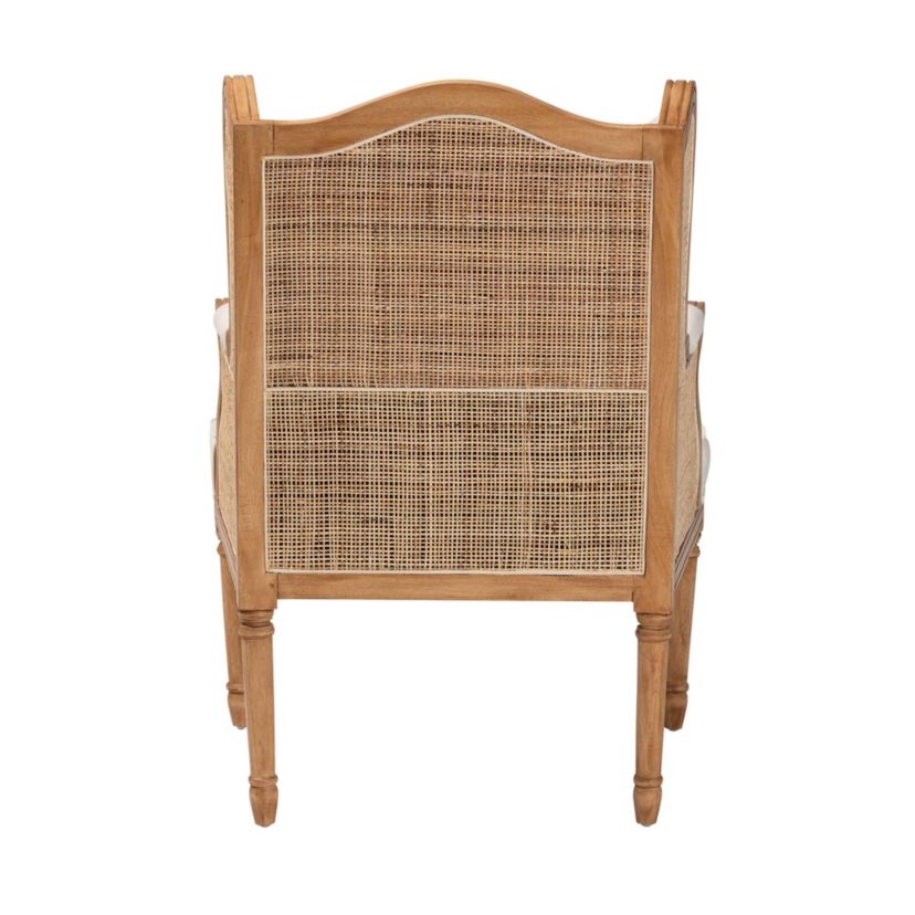 Rachana Beige Fabric Upholstered and Honey Oak Finished Armchair with Natural Rattan Woven Accents
