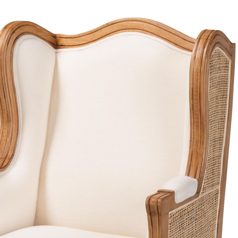 Rachana Beige Fabric Upholstered and Honey Oak Finished Armchair with Natural Rattan Woven Accents