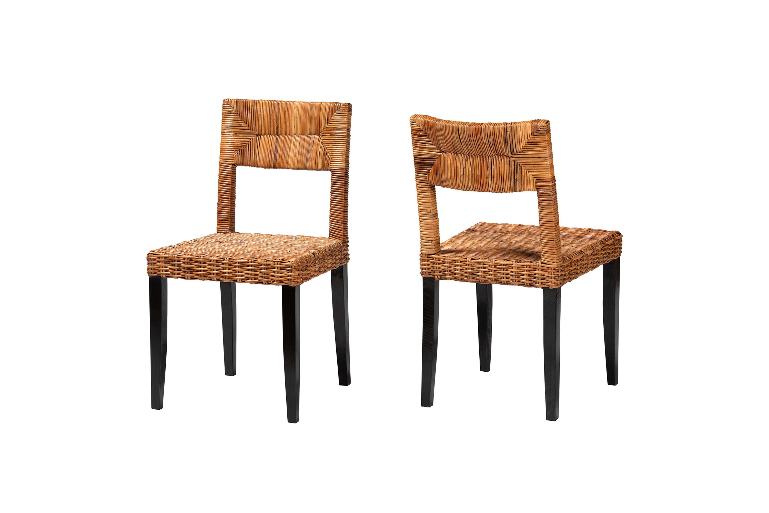Manrico Modern Bohemian Espresso Brown Finished Mango Wood and Natural Rattan 2-Piece Dining Chair Set