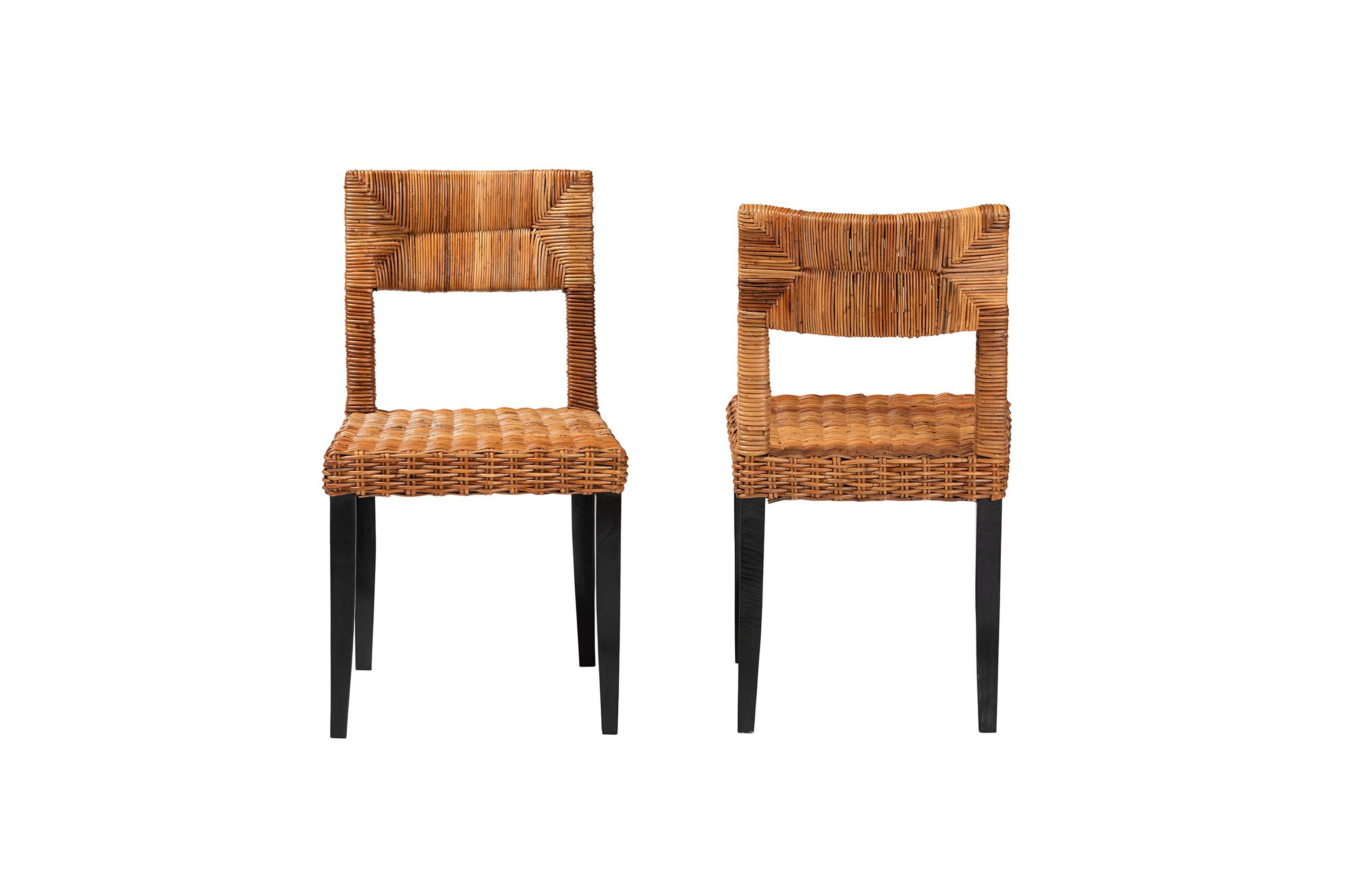 Manrico Modern Bohemian Espresso Brown Finished Mango Wood and Natural Rattan 2-Piece Dining Chair Set