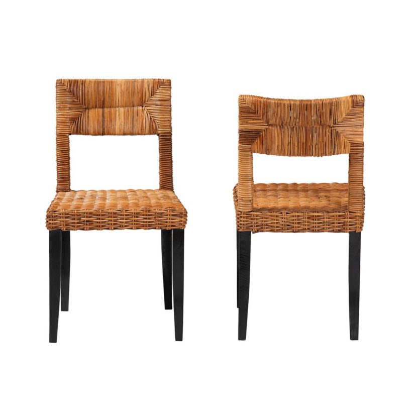 Manrico Modern Bohemian Espresso Brown Finished Mango Wood and Natural Rattan 2-Piece Dining Chair Set