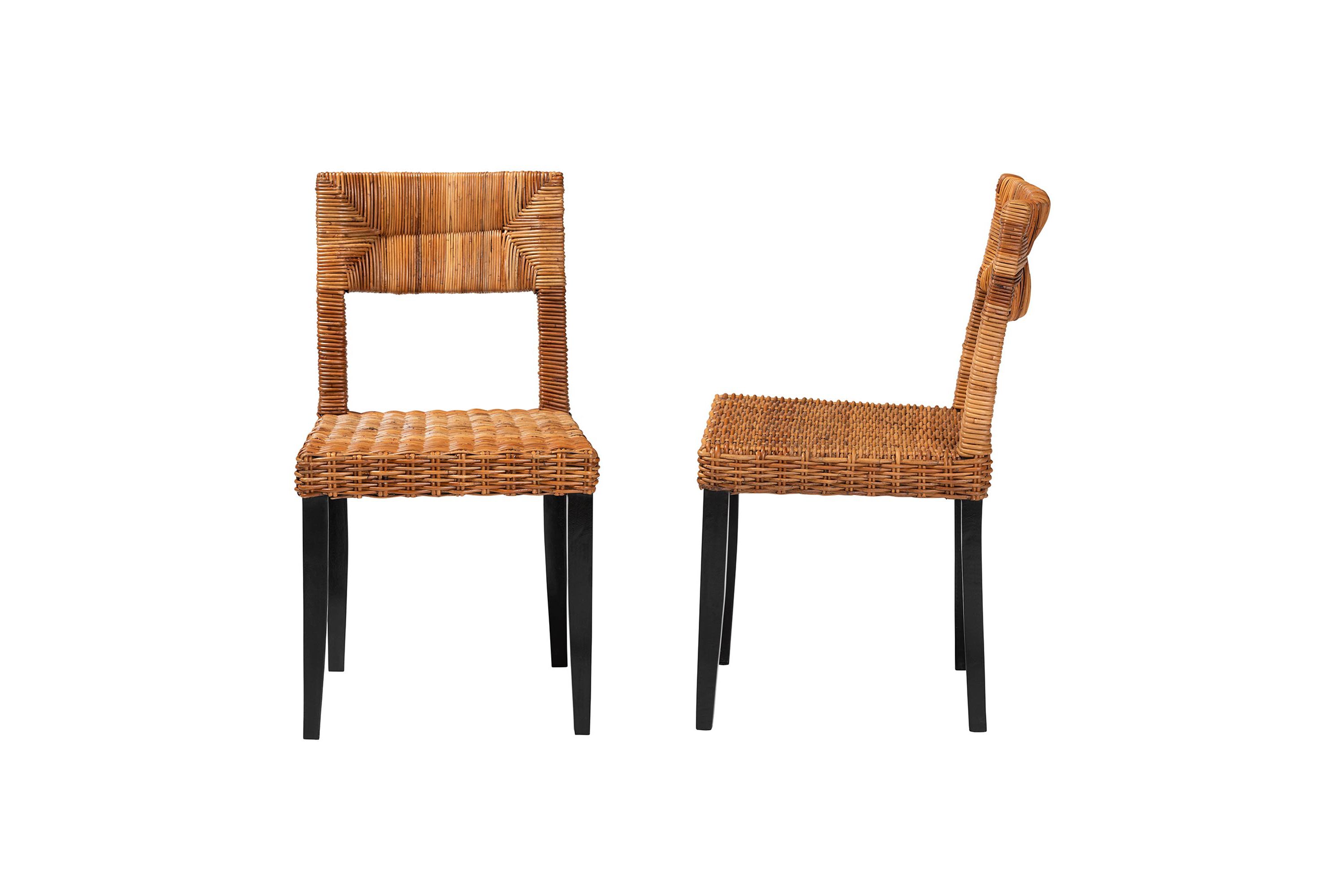 Manrico Modern Bohemian Espresso Brown Finished Mango Wood and Natural Rattan 2-Piece Dining Chair Set