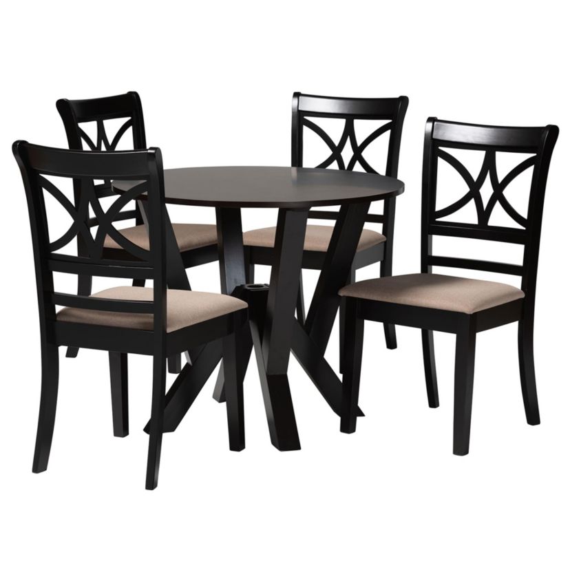 Mari Modern Beige Fabric and Dark Brown Finished Wood 5-Piece Dining Set