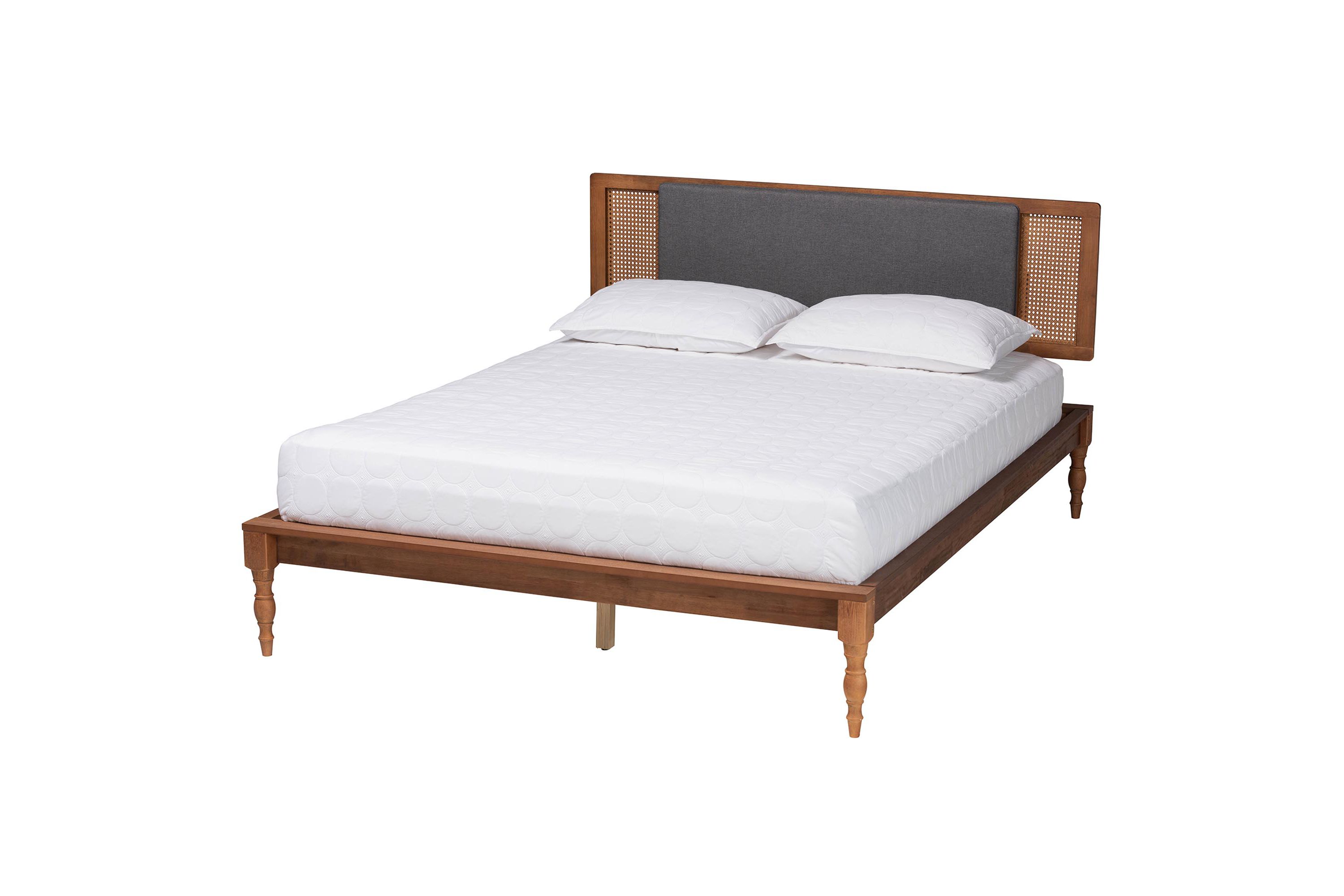 Eliseo Mid-Century Modern Dark Grey Fabric and Walnut Brown Finished Wood Full Size Platform Bed
