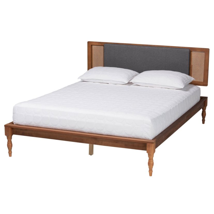 Eliseo Mid-Century Modern Dark Grey Fabric and Walnut Brown Finished Wood Full Size Platform Bed