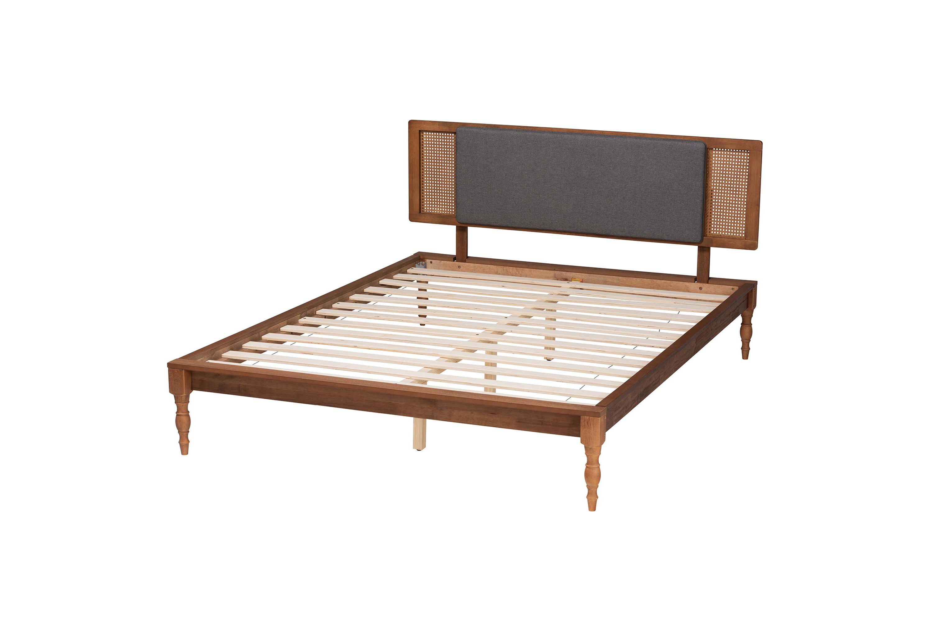 Eliseo Mid-Century Modern Dark Grey Fabric and Walnut Brown Finished Wood Full Size Platform Bed