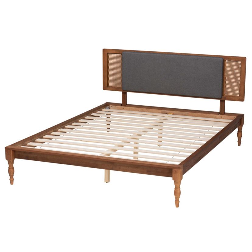 Eliseo Mid-Century Modern Dark Grey Fabric and Walnut Brown Finished Wood Full Size Platform Bed