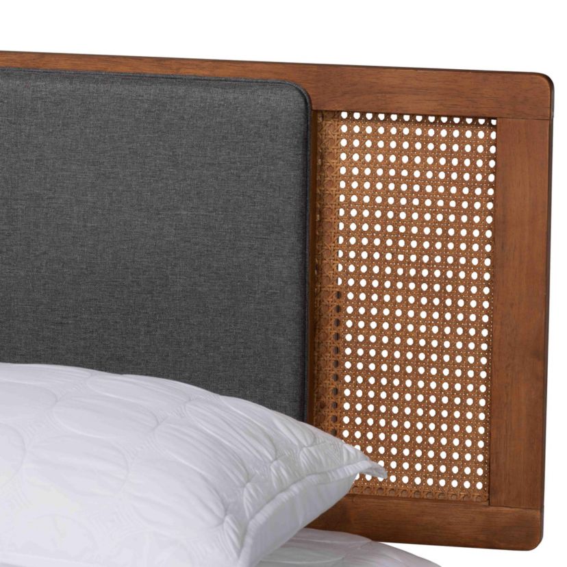 Eliseo Mid-Century Modern Dark Grey Fabric and Walnut Brown Finished Wood Full Size Platform Bed