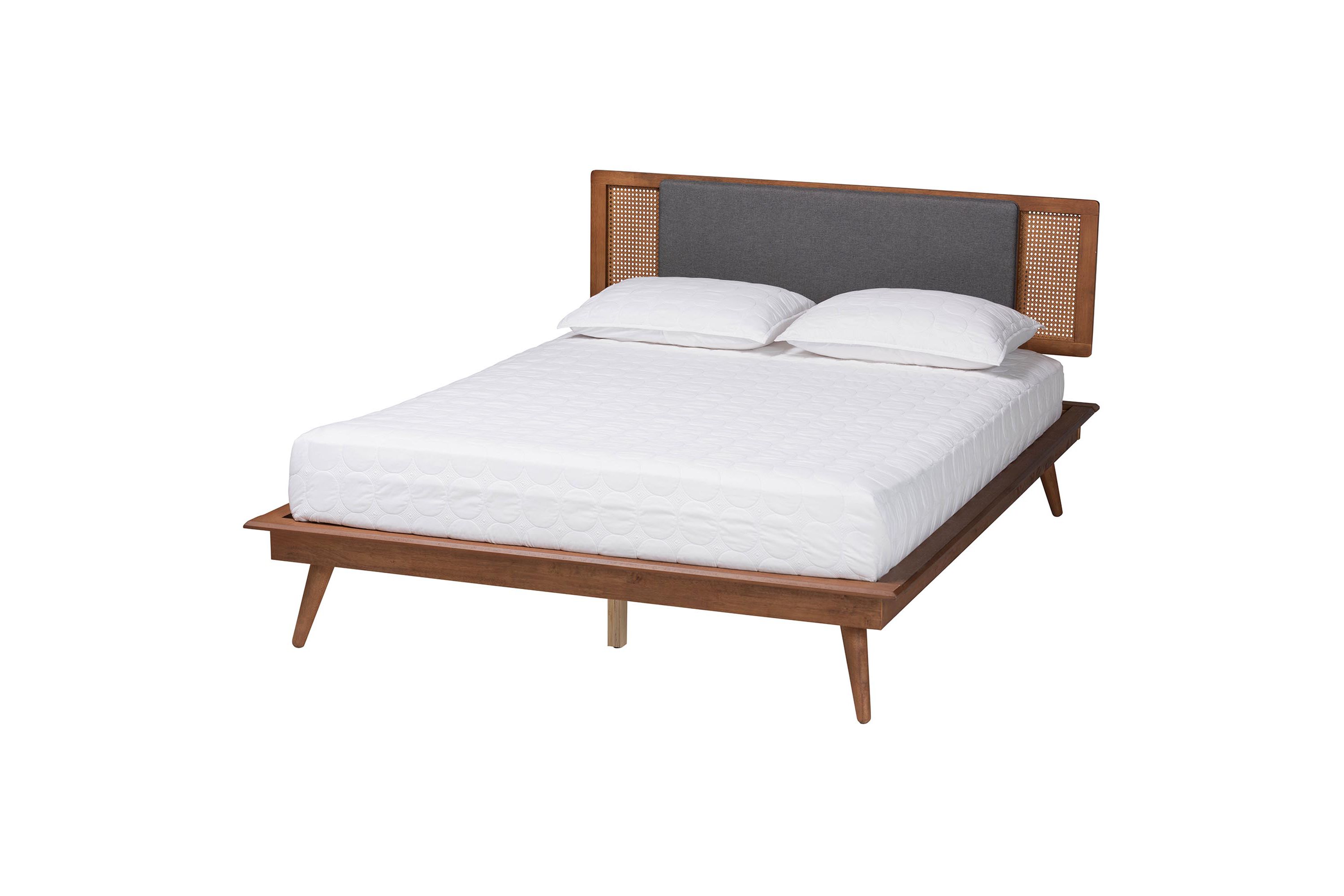 Delfina Mid-Century Modern Dark Grey Fabric and Walnut Brown Finished Wood King Size Platform Bed