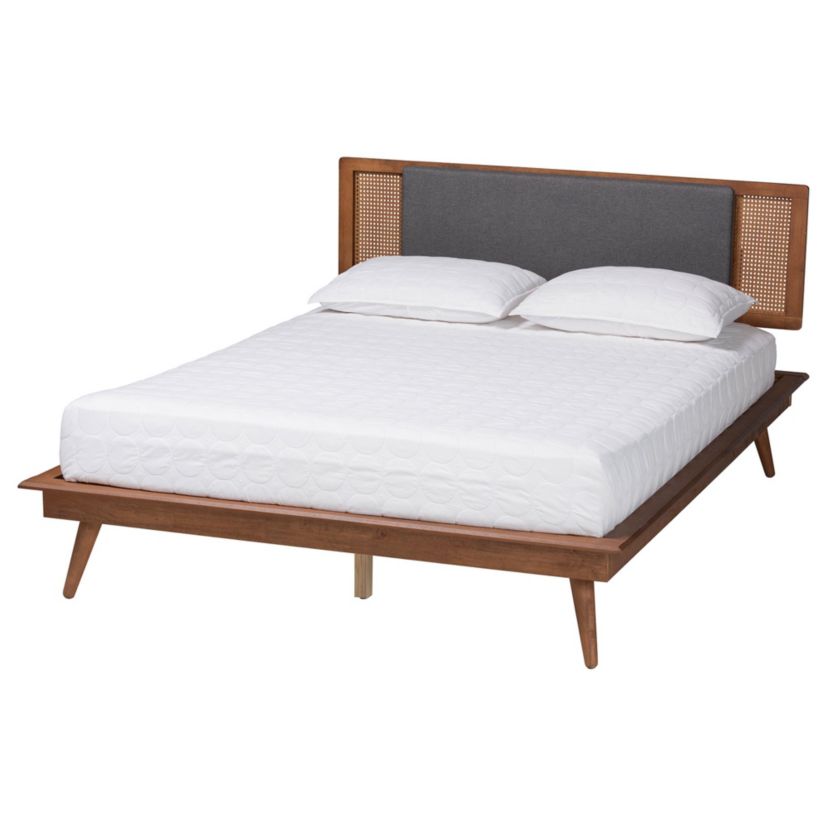 Delfina Mid-Century Modern Dark Grey Fabric and Walnut Brown Finished Wood King Size Platform Bed