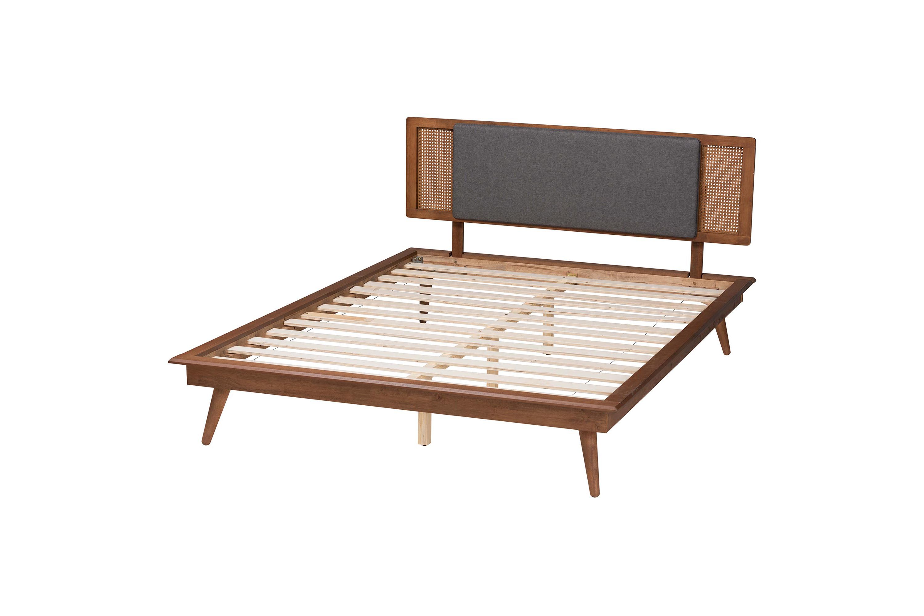 Delfina Mid-Century Modern Dark Grey Fabric and Walnut Brown Finished Wood King Size Platform Bed