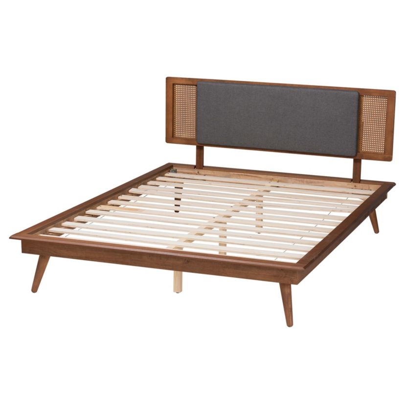 Delfina Mid-Century Modern Dark Grey Fabric and Walnut Brown Finished Wood King Size Platform Bed