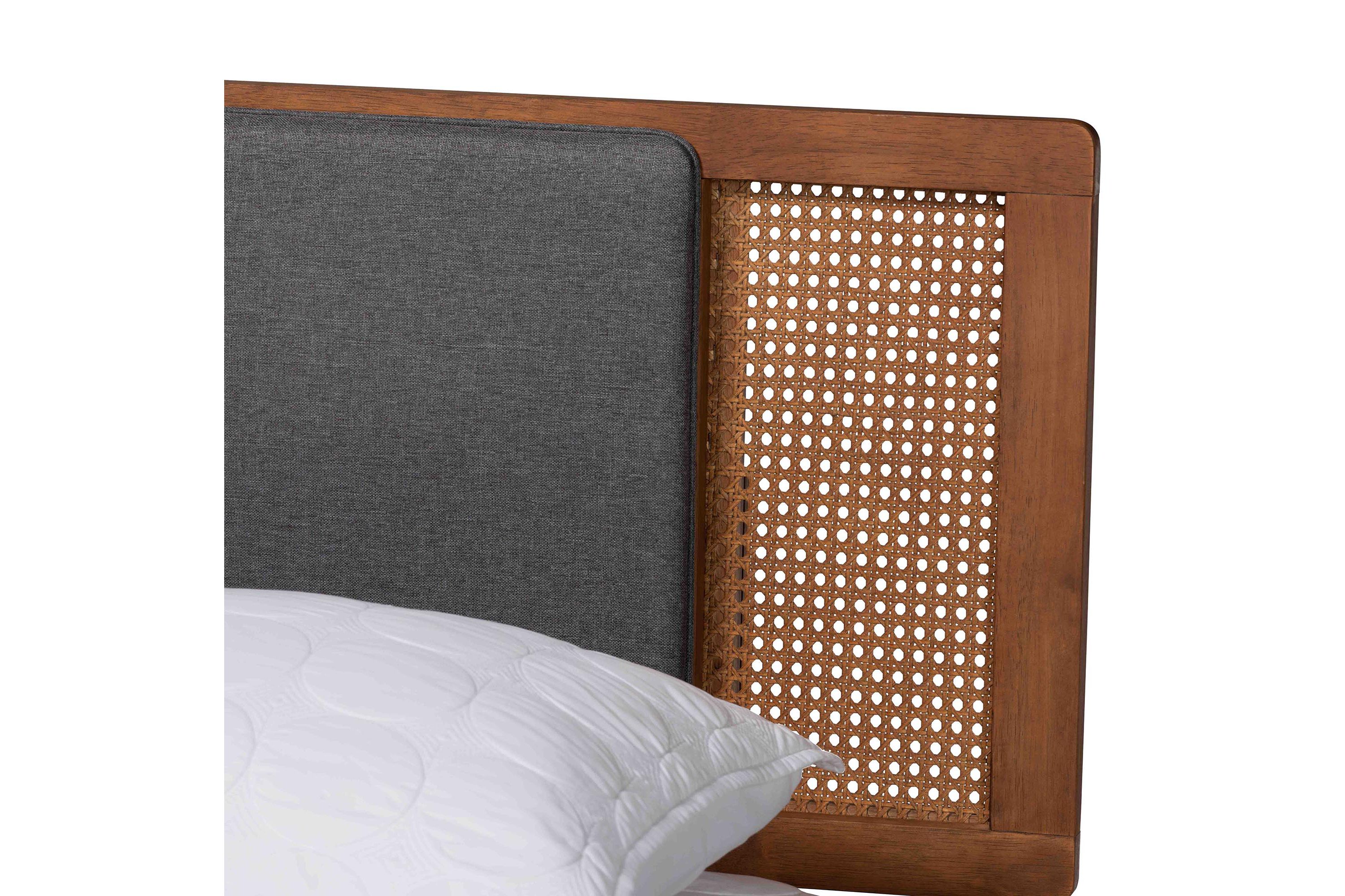 Delfina Mid-Century Modern Dark Grey Fabric and Walnut Brown Finished Wood King Size Platform Bed