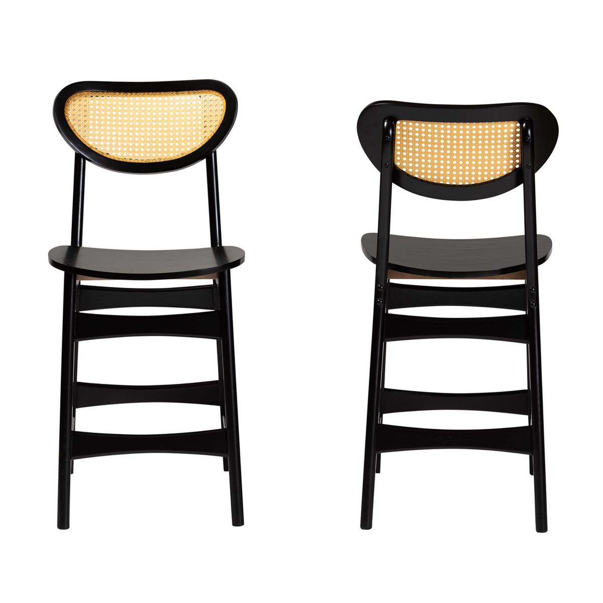 Hesper Mid-Century Modern Dark Brown Finished Wood and Rattan 2-Piece Counter Stool Set