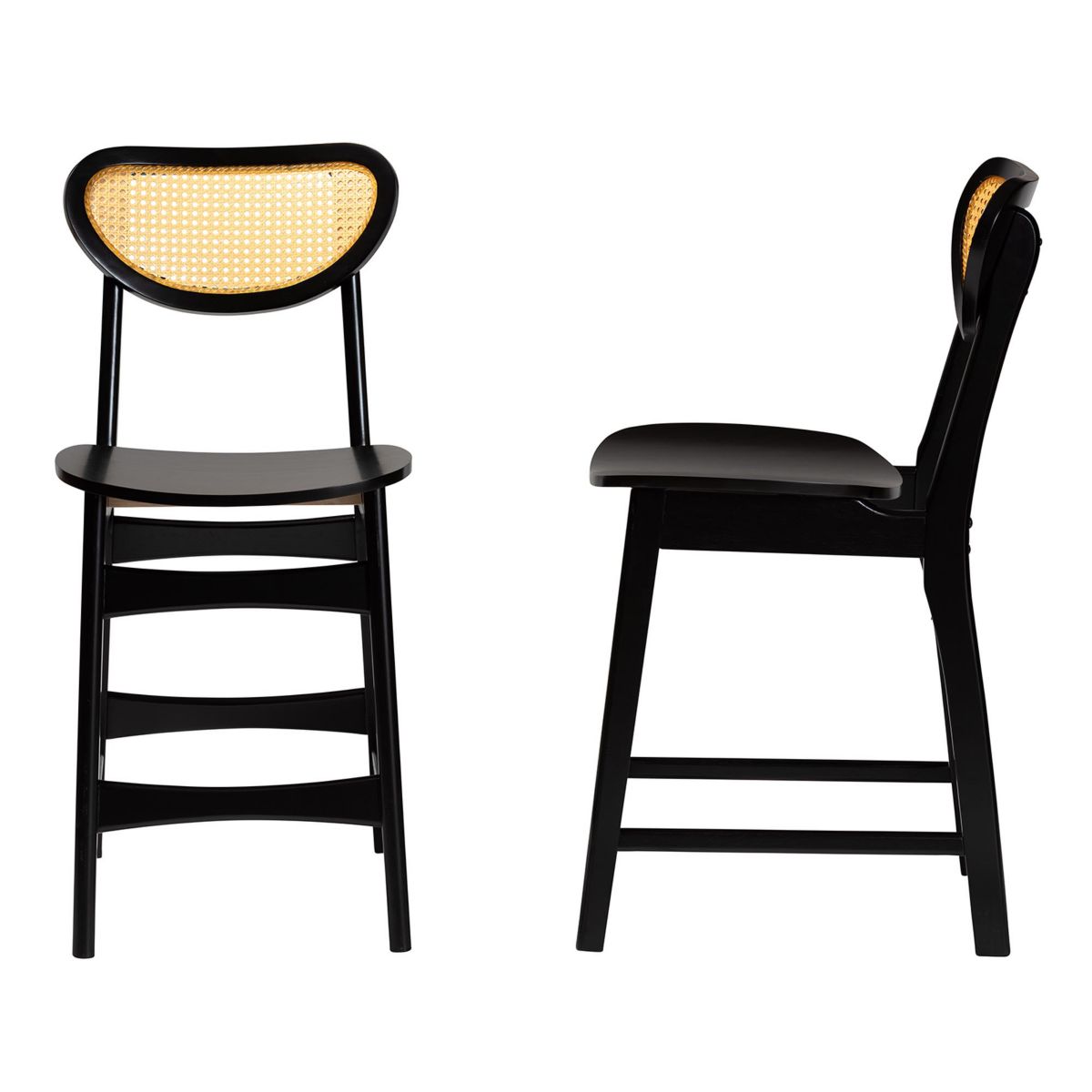 Hesper Mid-Century Modern Dark Brown Finished Wood and Rattan 2-Piece Counter Stool Set