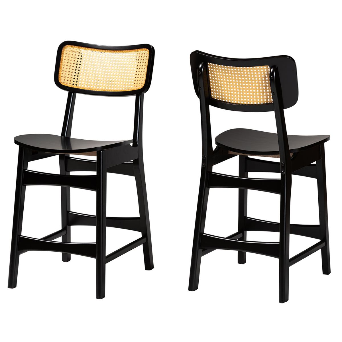 Tafari Mid-Century Modern Dark Brown Finished Wood and Rattan 2-Piece Counter Stool Set