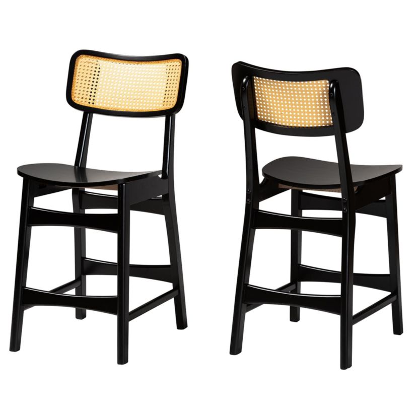 Tafari Mid-Century Modern Dark Brown Finished Wood and Rattan 2-Piece Counter Stool Set