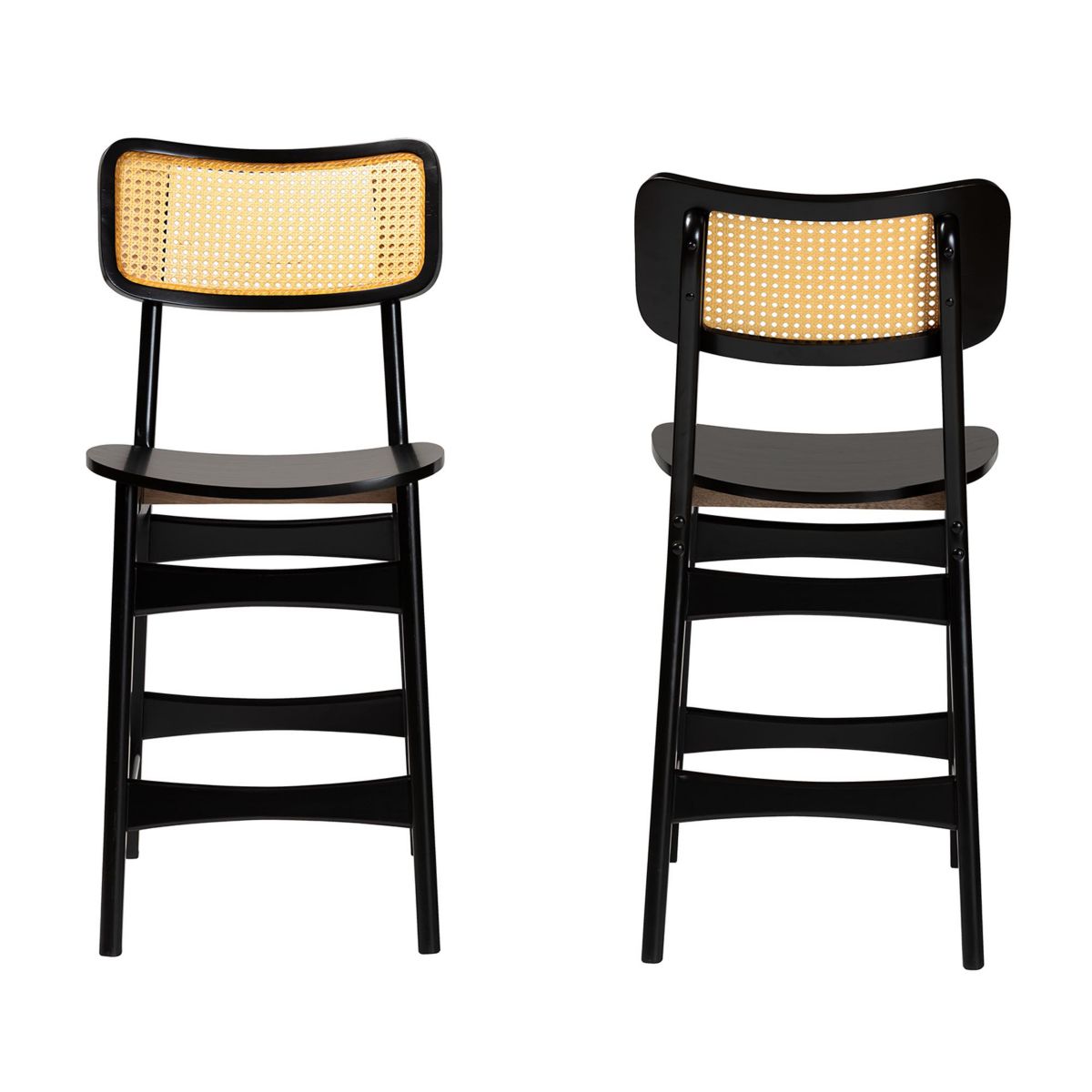 Tafari Mid-Century Modern Dark Brown Finished Wood and Rattan 2-Piece Counter Stool Set