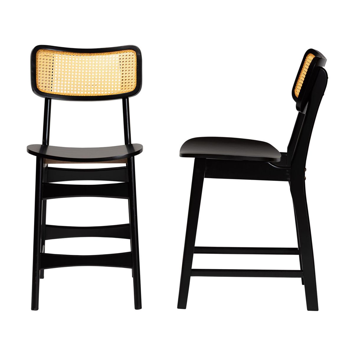 Tafari Mid-Century Modern Dark Brown Finished Wood and Rattan 2-Piece Counter Stool Set