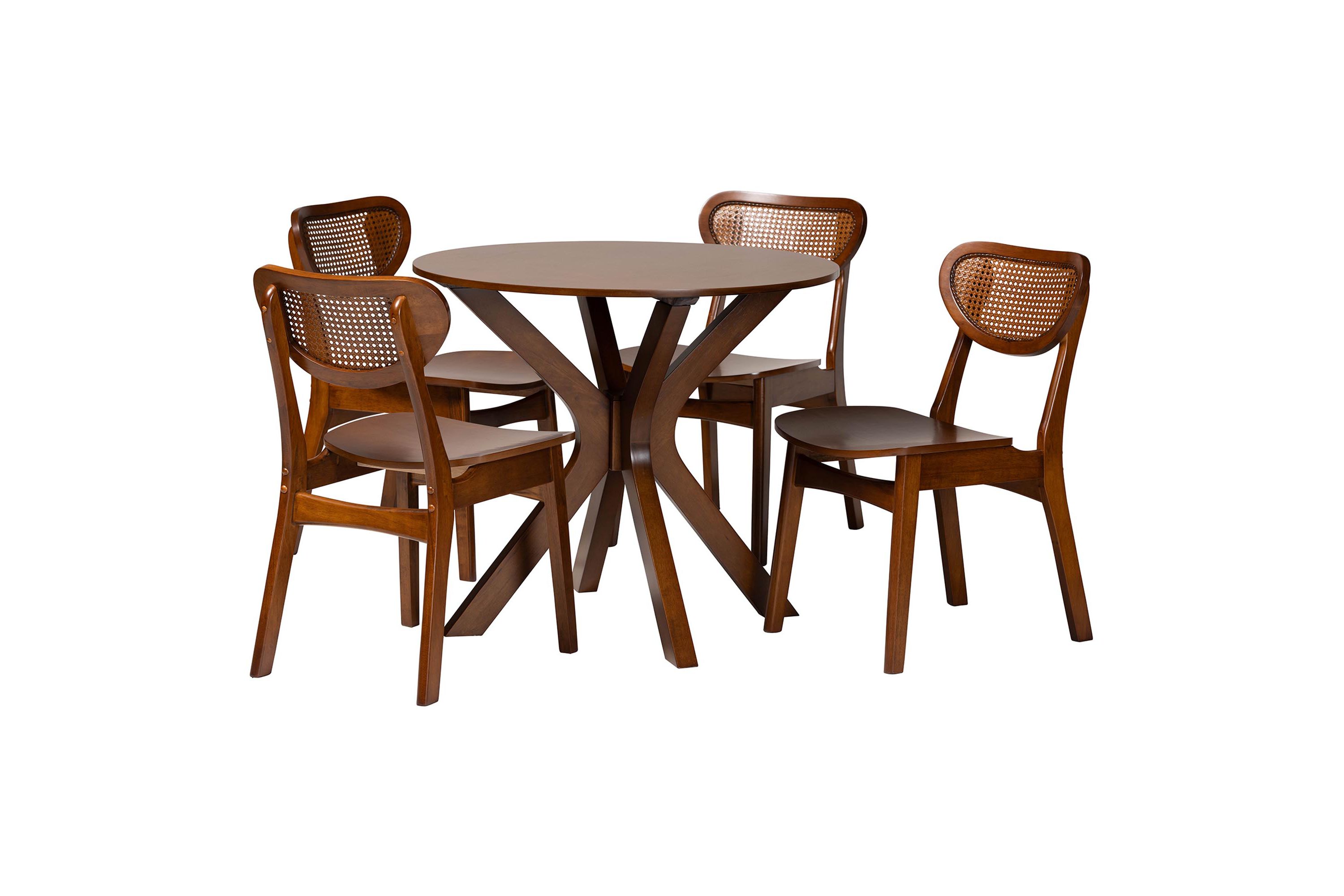 Giuliana Mid-Century Modern Walnut Brown Finished Wood and Woven Rattan 5-Piece Dining Set