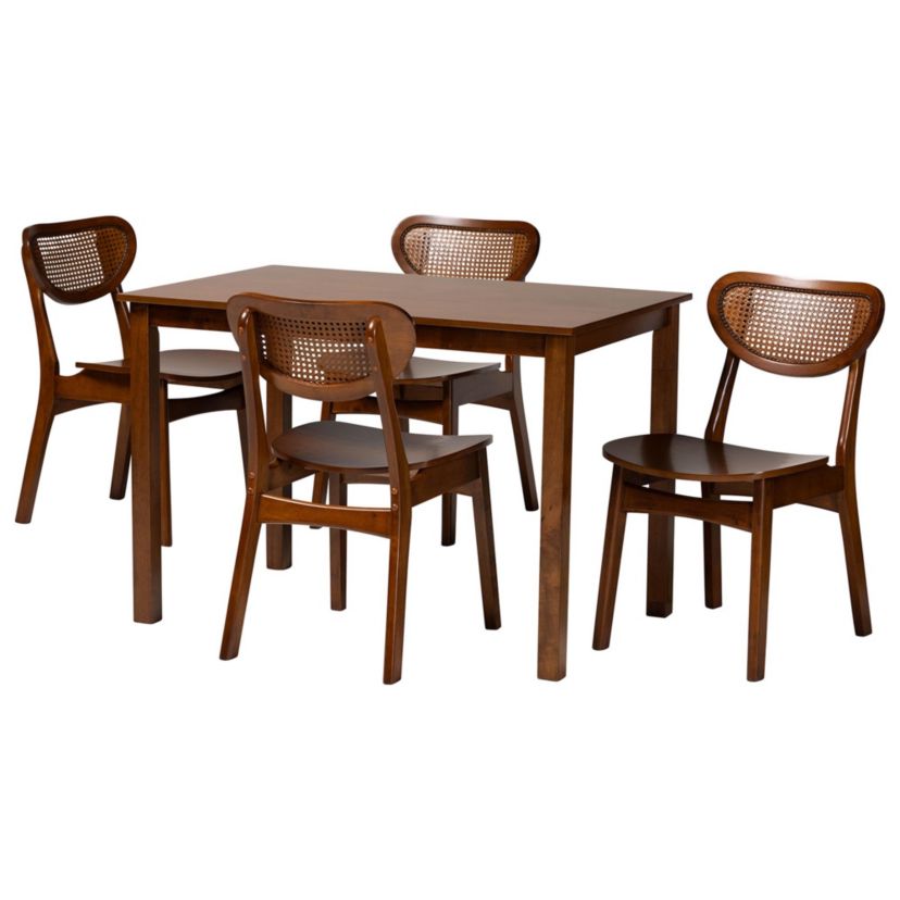 Jeriah Mid-Century Modern Walnut Brown Finished Wood and Woven Rattan 5-Piece Dining Set