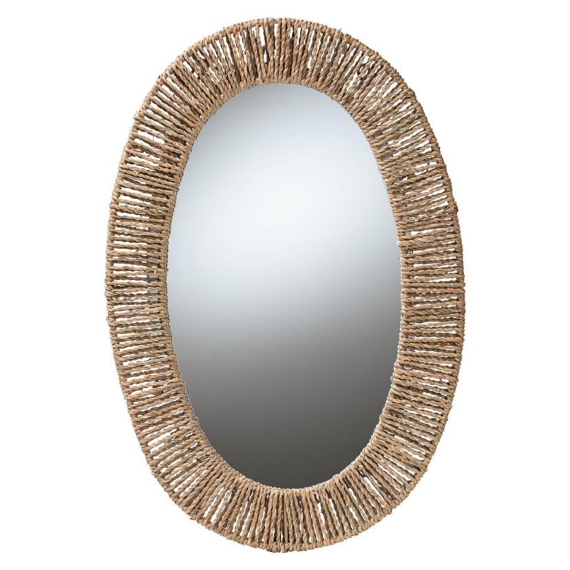 Elwyn Modern Bohemian Metal and Natural Seagrass Wall Accent Mirror
