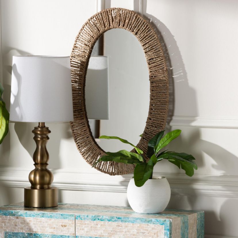 Elwyn Modern Bohemian Metal and Natural Seagrass Wall Accent Mirror