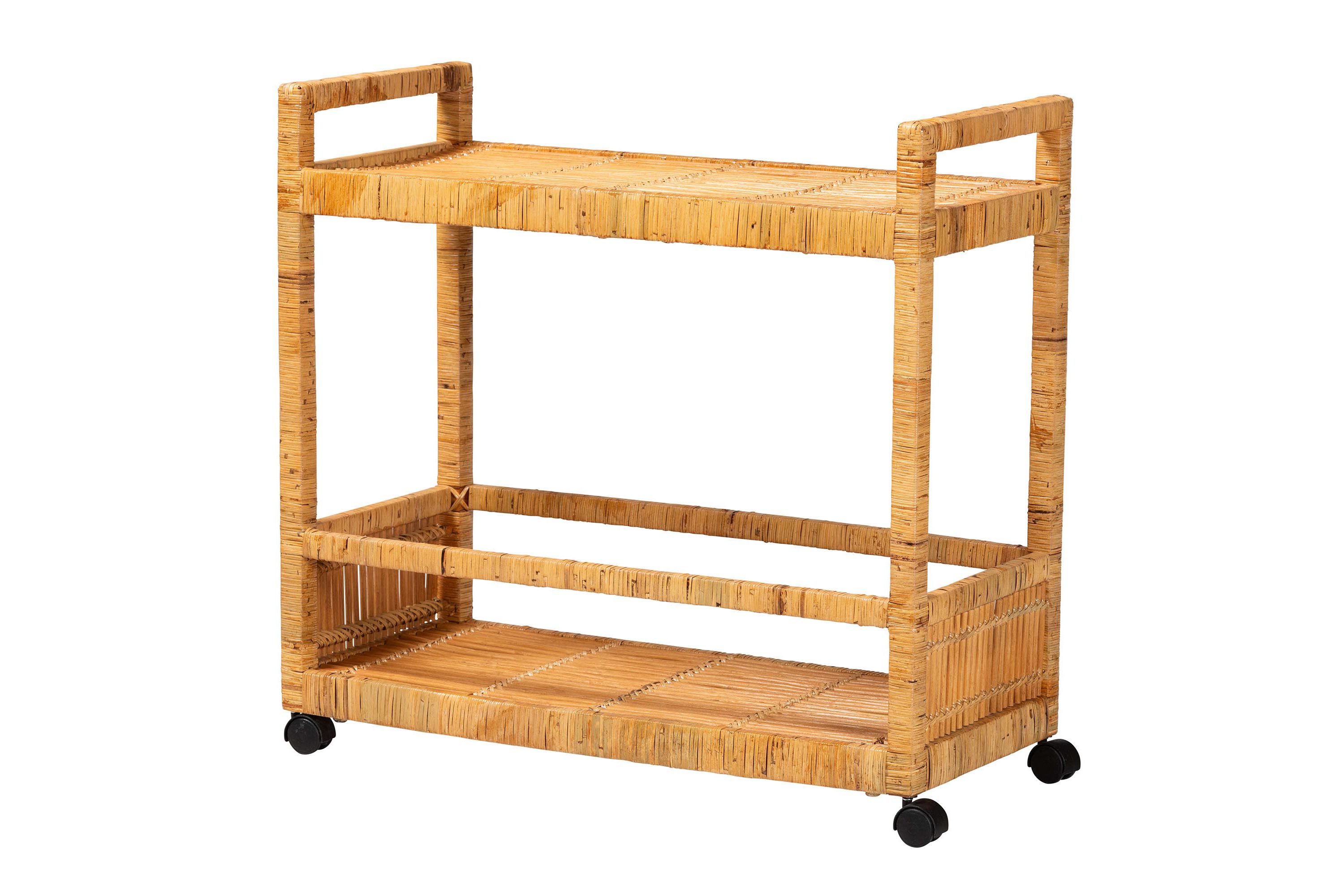 Genet Modern Bohemian Natural Rattan and Teak Wood 2-Tier Kitchen Cart