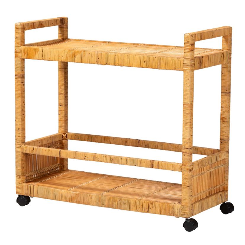 Genet Modern Bohemian Natural Rattan and Teak Wood 2-Tier Kitchen Cart