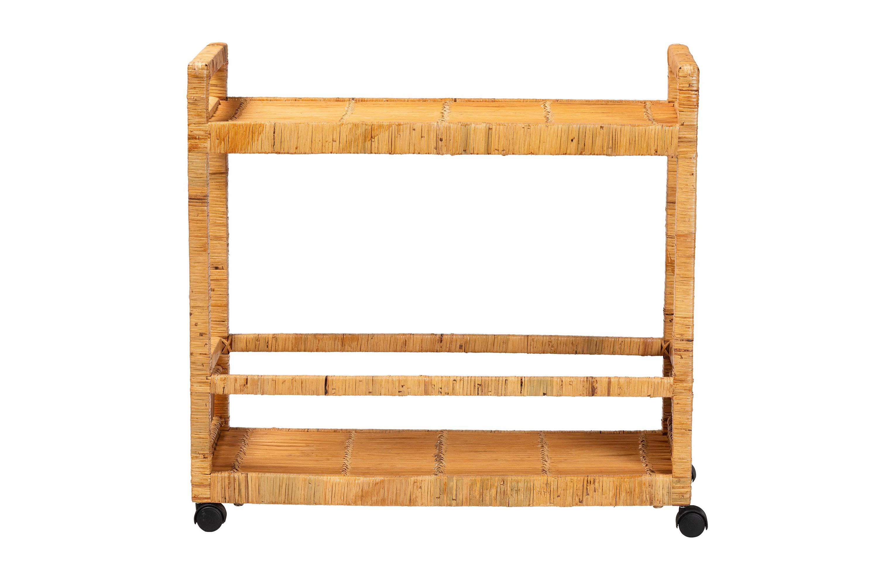 Genet Modern Bohemian Natural Rattan and Teak Wood 2-Tier Kitchen Cart