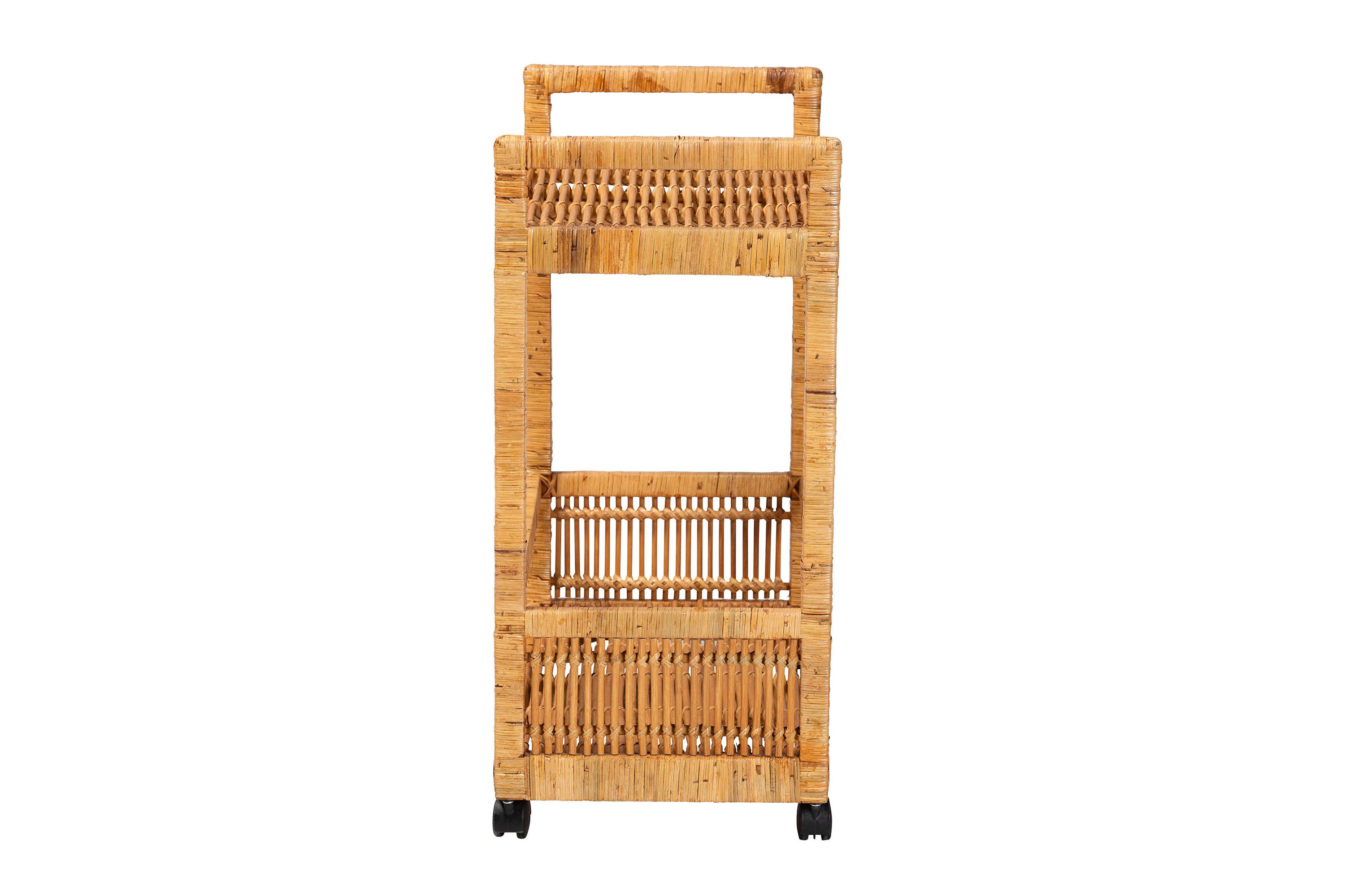 Genet Modern Bohemian Natural Rattan and Teak Wood 2-Tier Kitchen Cart