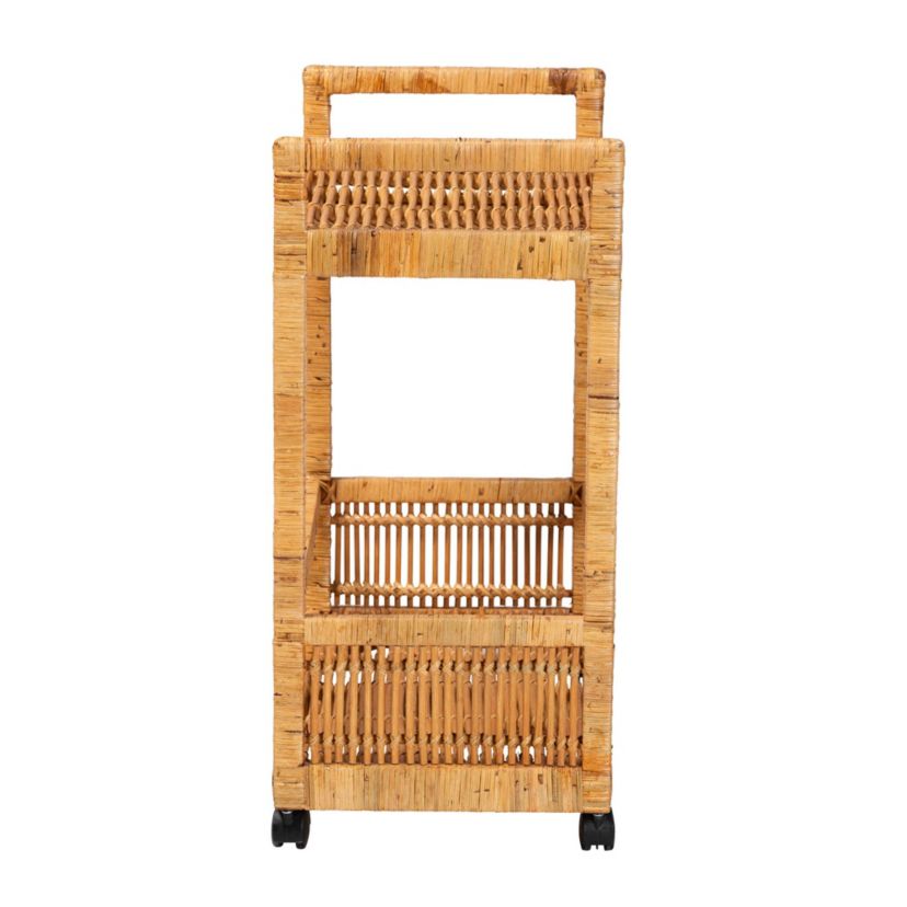 Genet Modern Bohemian Natural Rattan and Teak Wood 2-Tier Kitchen Cart