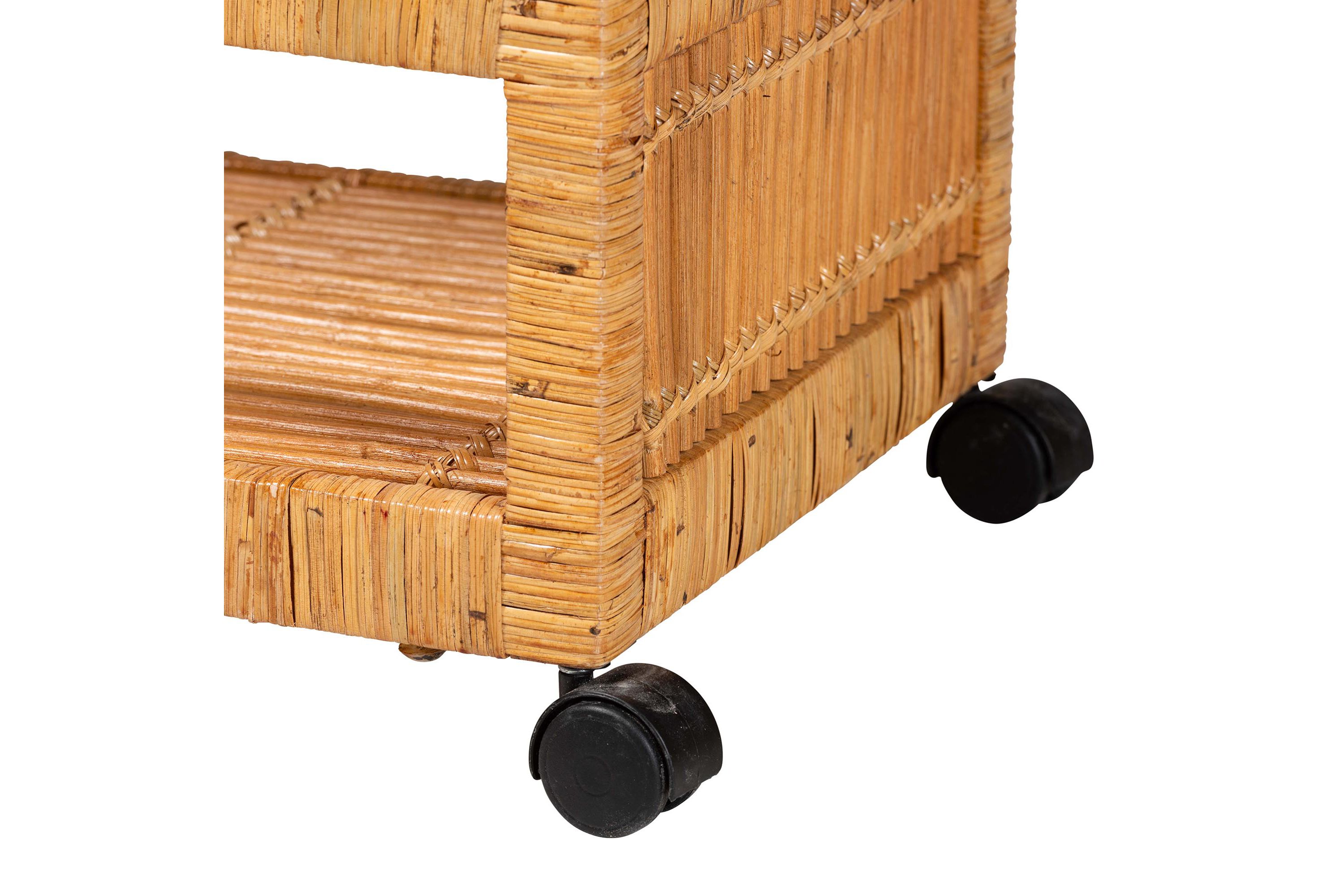Genet Modern Bohemian Natural Rattan and Teak Wood 2-Tier Kitchen Cart