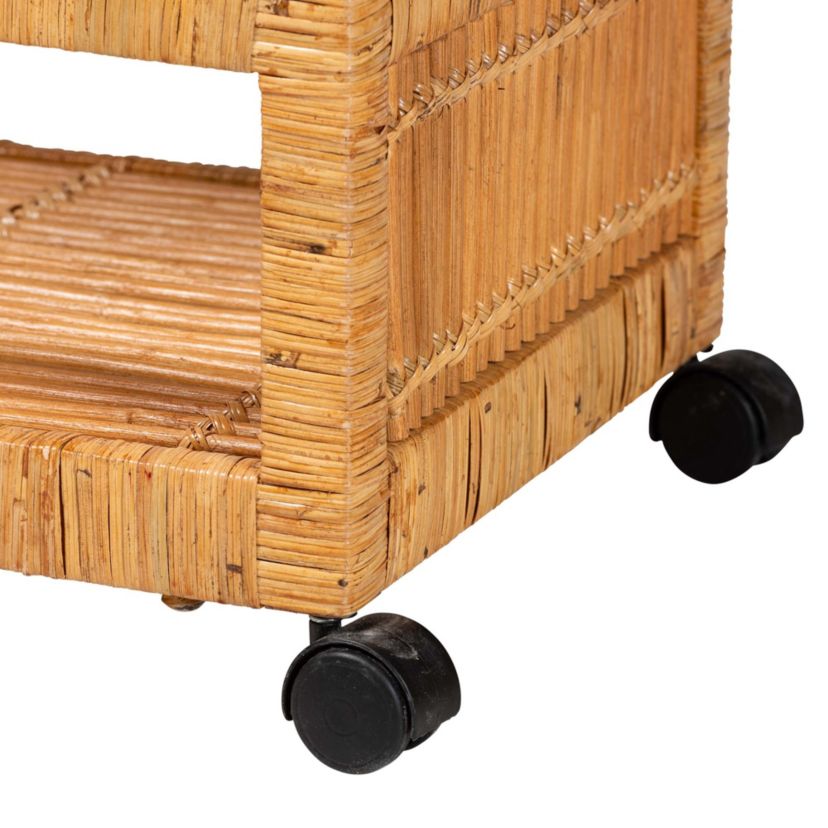 Genet Modern Bohemian Natural Rattan and Teak Wood 2-Tier Kitchen Cart