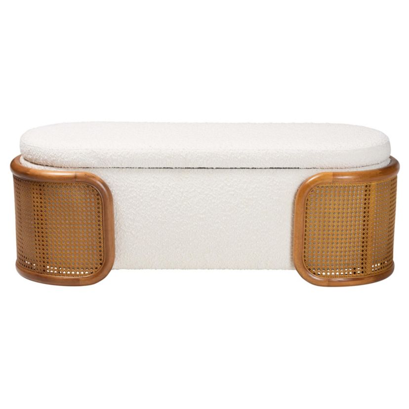 Basira Japandi Cream Boucle Fabric Storage Bench with Woven Rattan