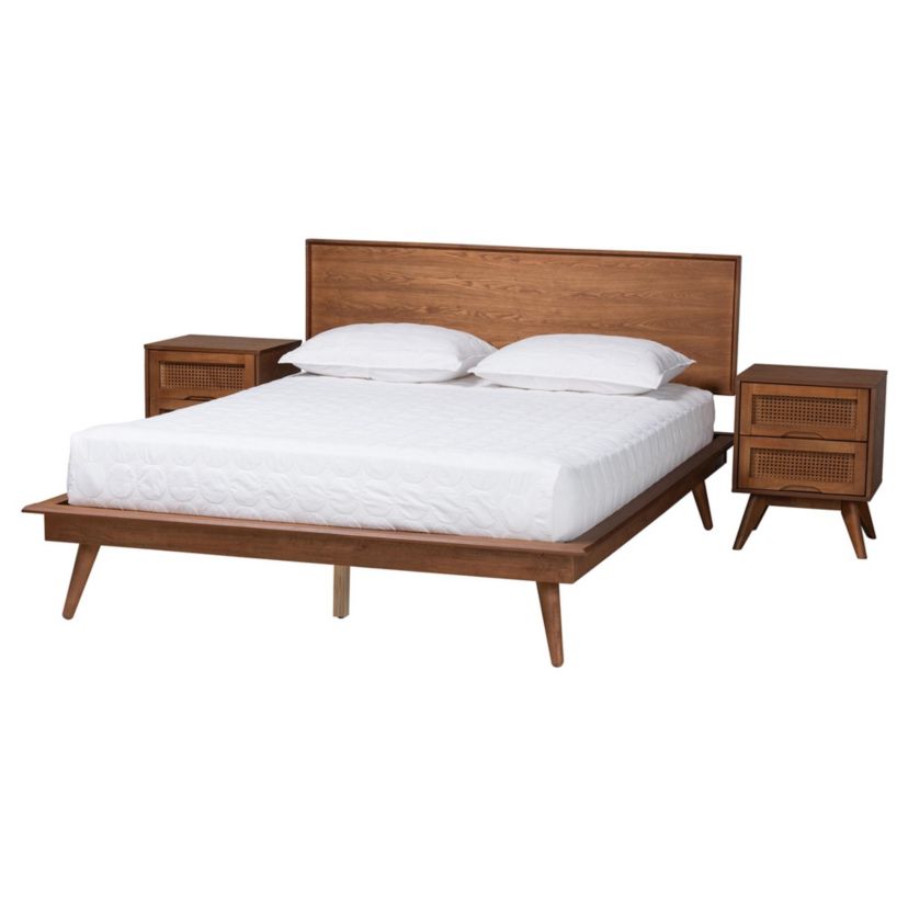 Melora Mid-Century Modern Walnut Brown Finished Wood and Rattan Full Size 3-Piece Bedroom Set
