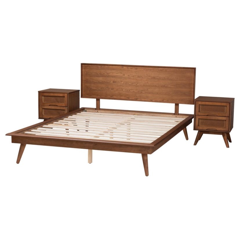 Melora Mid-Century Modern Walnut Brown Finished Wood and Rattan Full Size 3-Piece Bedroom Set