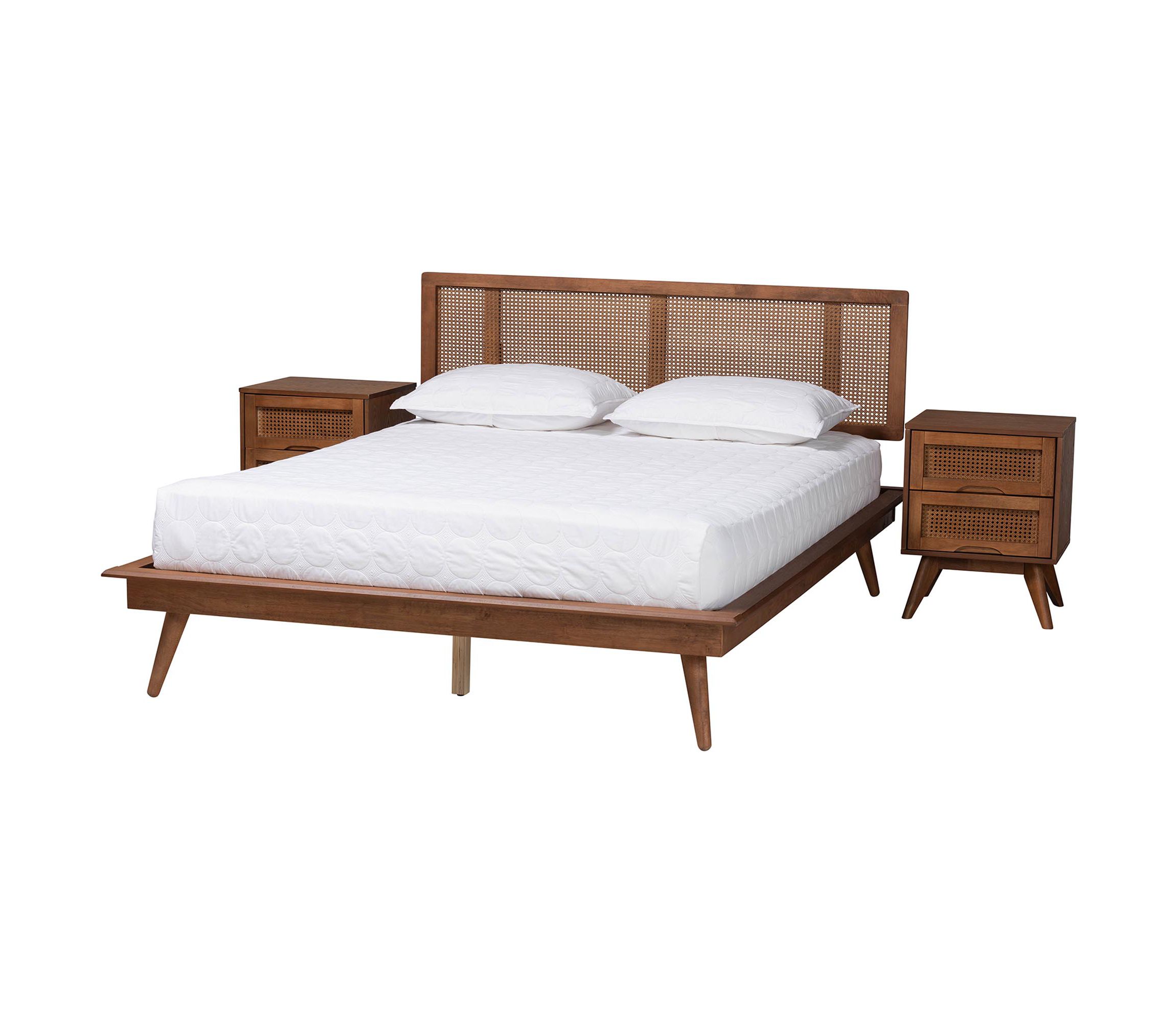 Nura Mid-Century Modern Walnut Brown Finished Wood and Rattan Full Size 3-Piece Bedroom Set
