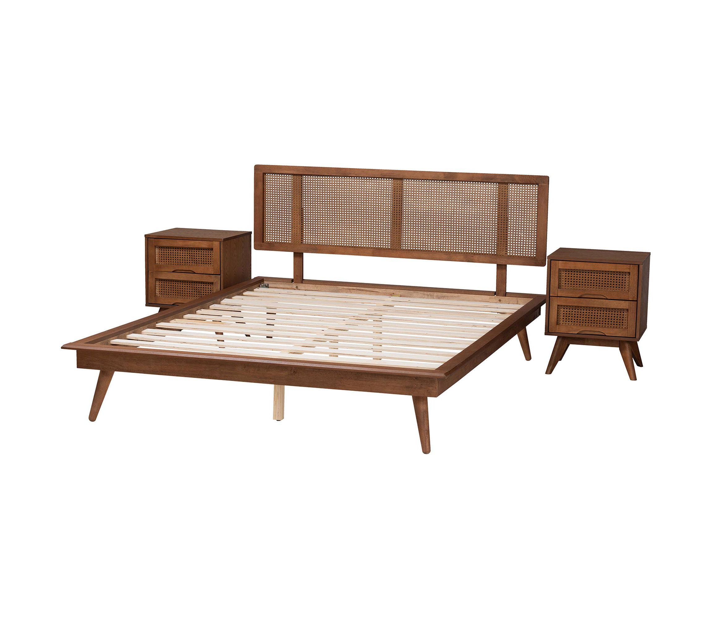 Nura Mid-Century Modern Walnut Brown Finished Wood and Rattan Full Size 3-Piece Bedroom Set