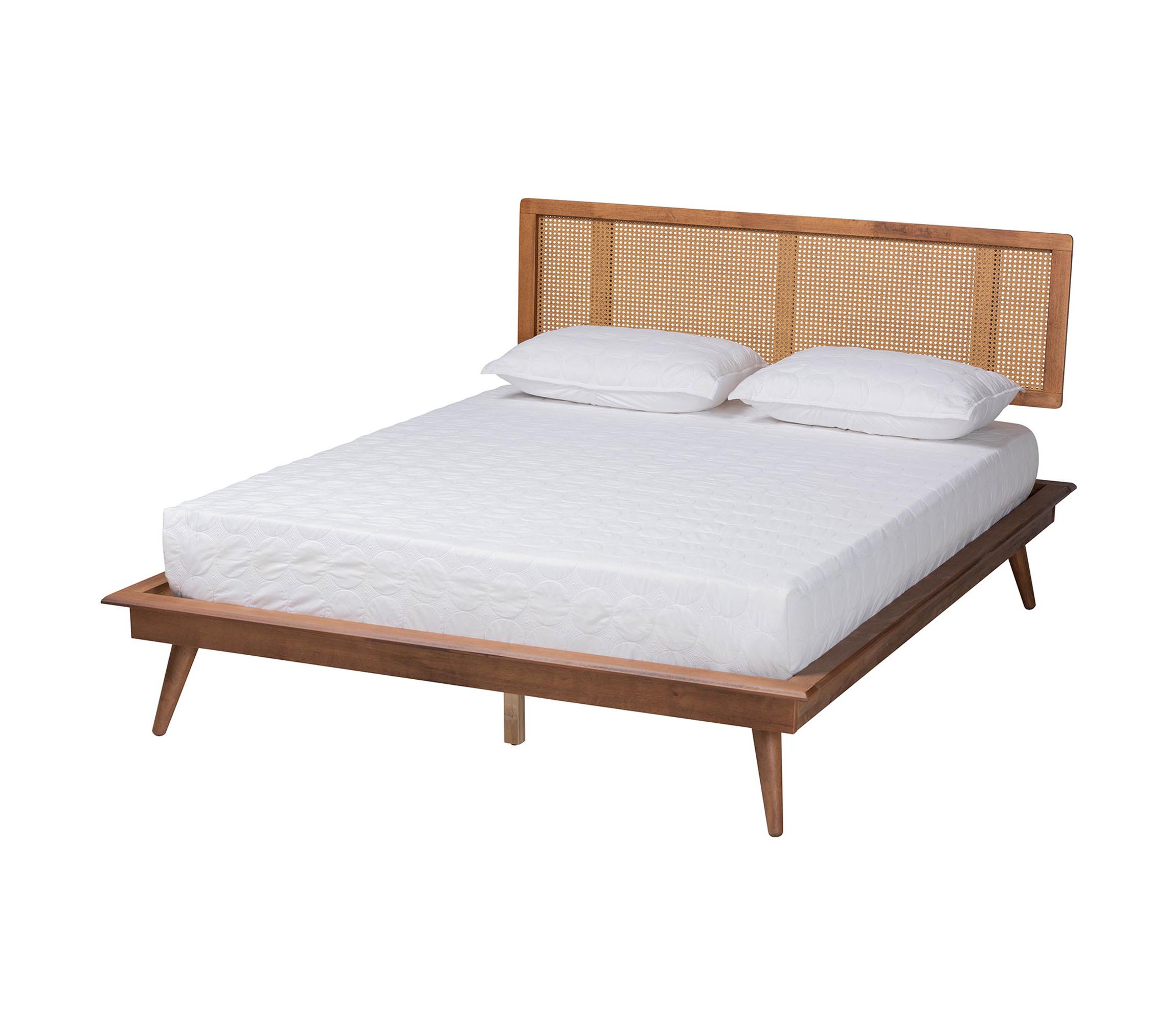 Nura Mid-Century Modern Walnut Brown Finished Wood and Rattan Full Size 3-Piece Bedroom Set