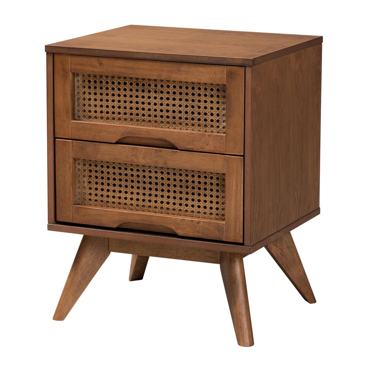 Nura Mid-Century Modern Walnut Brown Finished Wood and Rattan Queen Size 3-Piece Bedroom Set