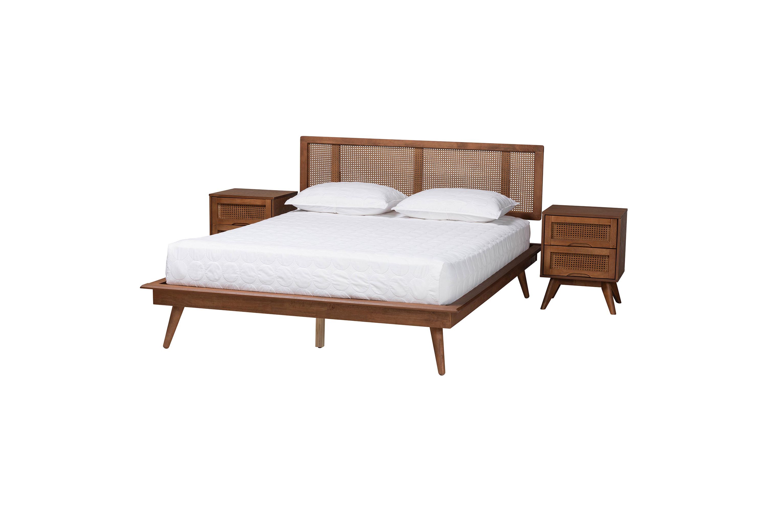 Nura Mid-Century Modern Walnut Brown Finished Wood and Rattan King Size 3-Piece Bedroom Set