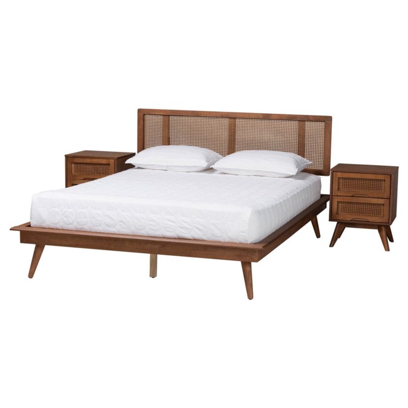 Nura Mid-Century Modern Walnut Brown Finished Wood and Rattan King Size 3-Piece Bedroom Set