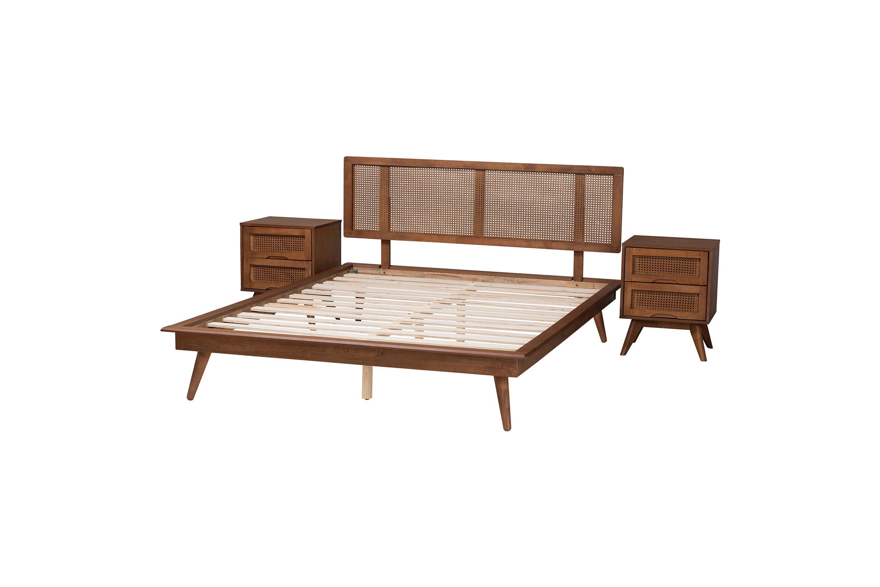 Nura Mid-Century Modern Walnut Brown Finished Wood and Rattan King Size 3-Piece Bedroom Set