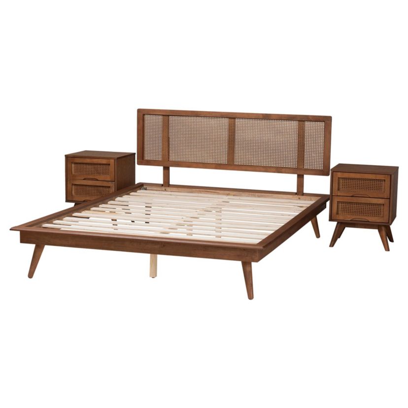 Nura Mid-Century Modern Walnut Brown Finished Wood and Rattan King Size 3-Piece Bedroom Set
