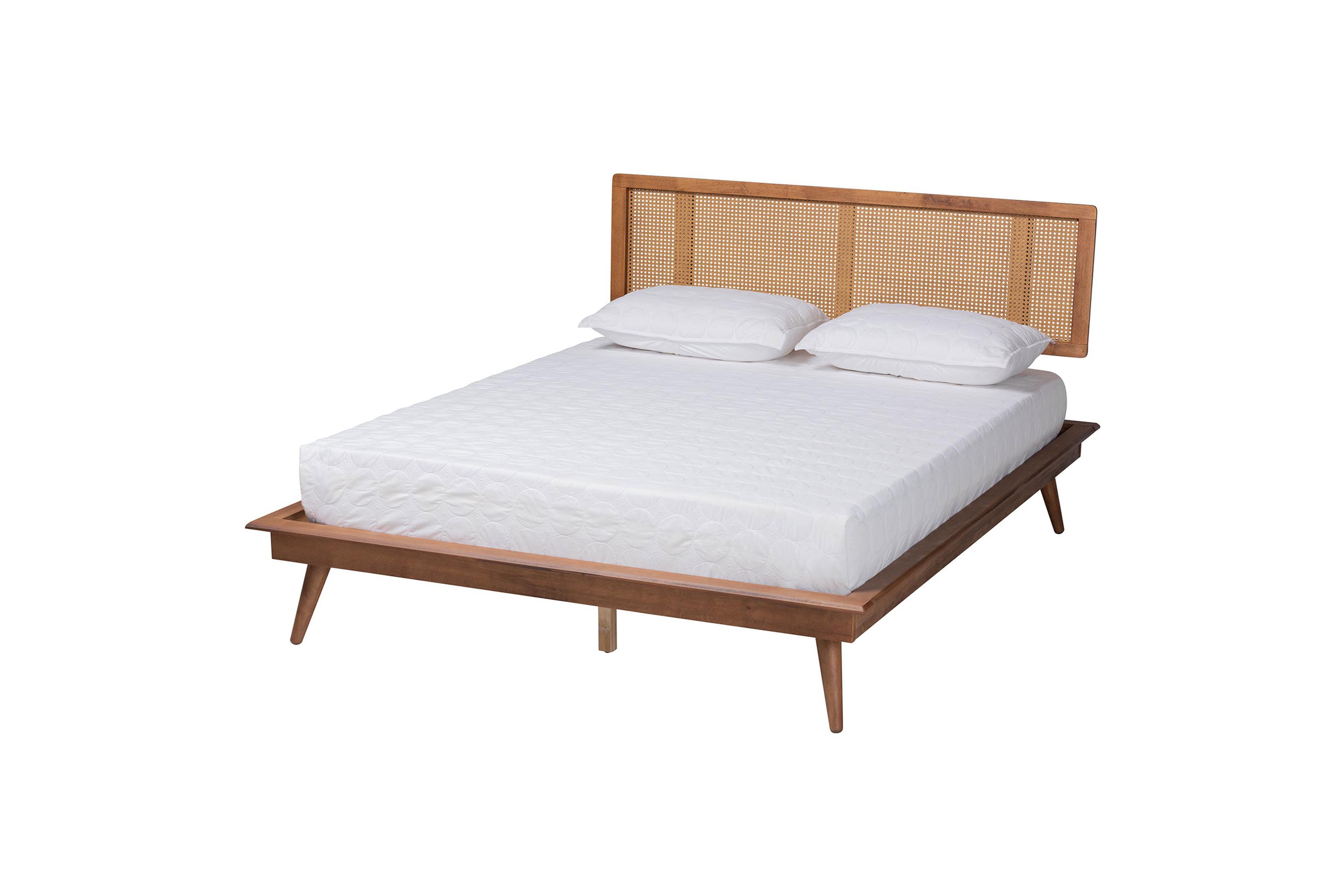 Nura Mid-Century Modern Walnut Brown Finished Wood and Rattan King Size 3-Piece Bedroom Set