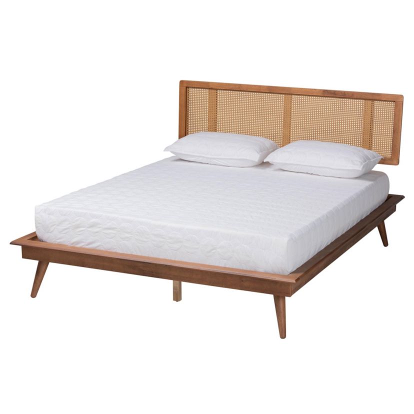 Nura Mid-Century Modern Walnut Brown Finished Wood and Rattan King Size 3-Piece Bedroom Set