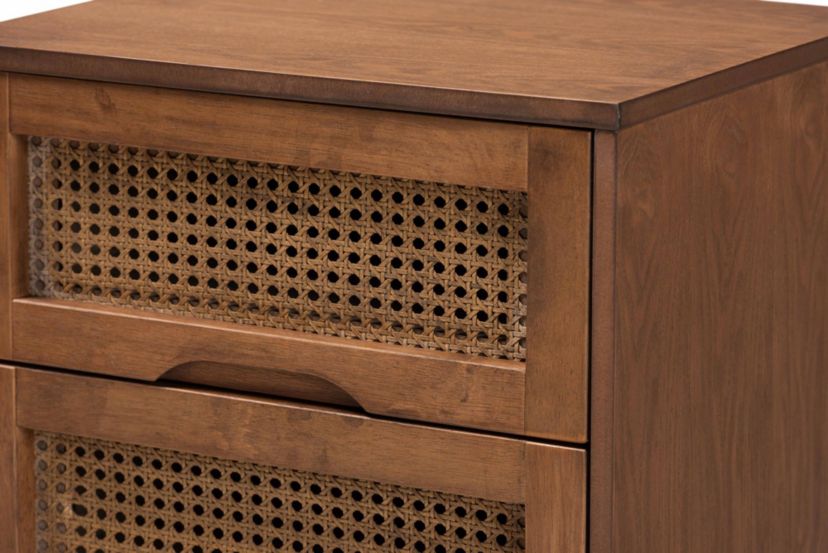 Nura Mid-Century Modern Walnut Brown Finished Wood and Rattan King Size 3-Piece Bedroom Set