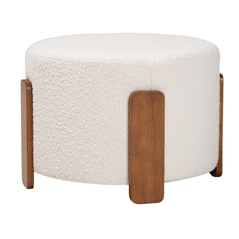 Finlay Modern Japandi Cream Boucle Fabric and Walnut Brown Finished Wood Ottoman Footstool