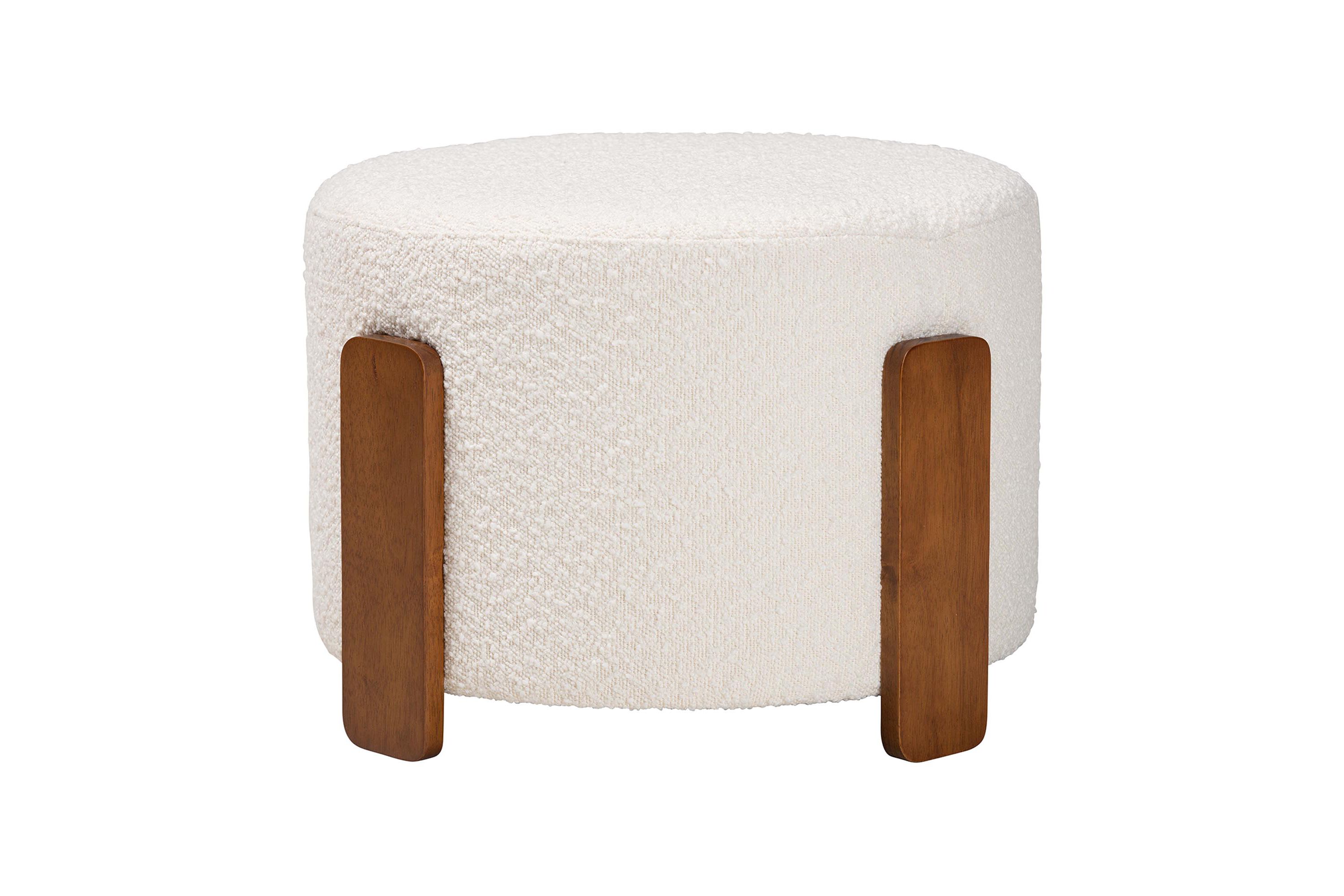 Finlay Modern Japandi Cream Boucle Fabric and Walnut Brown Finished Wood Ottoman Footstool